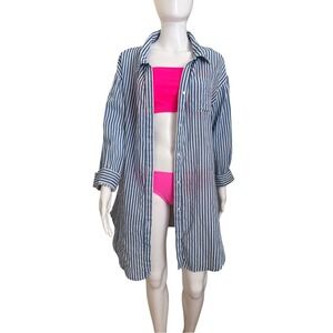Turks & Caicos Blue White Striped Button-Down Tunic Shirt Size Medium